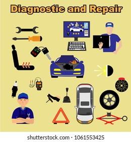 Auto Maintenance Services icons .Work process in car and tire services car repair and car mechanics vector illustration.