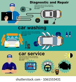 Auto Maintenance Services icons .Work process in car and tire services car repair and car mechanics vector illustration.