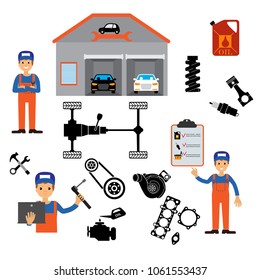 Auto Maintenance Services icons .Work process in car and tire services car repair and car mechanics vector illustration.
