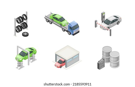 Auto-Wartungs-Service-Set. Werkstattreparaturdienst, technische Inspektion und Radwechsel Vektorgrafik