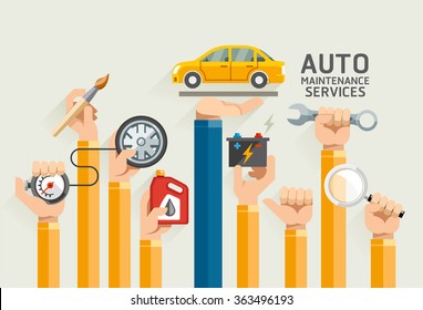 Auto Maintenance Services. Vector Illustrations.