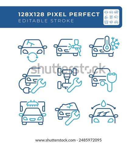Auto maintenance two color line icons set. Car repair service. Windshield replacement. Car painting bicolor outline iconset isolated. Duotone pictograms thin linear. Editable stroke