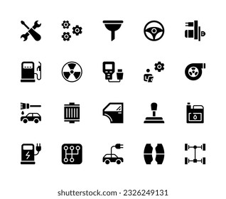 Auto maintenance vector silhouette icons set. Car service. Gear, steering wheel, starter, gas station, fan, master, car painting, filter, gear knob and much more. Collection of car service icons.