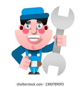 Auto mechanic with big wrench. Logo for your garage. Vector illustration