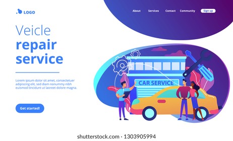 Auto mechanic and business people at car service having their car repaired. Car service, automobile repair shop, vehicle repair service concept. Website vibrant violet landing web page template.