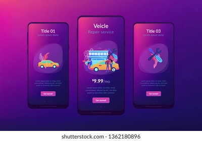 Auto mechanic and business people at car service having their car repaired. Car service, automobile repair shop, vehicle repair service concept. Mobile UI UX GUI template, app interface wireframe