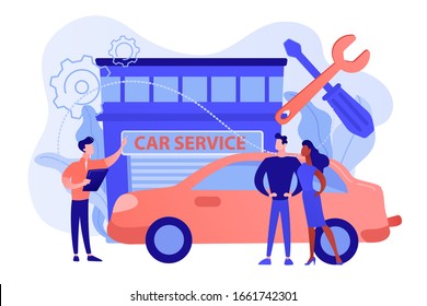 Auto mechanic and business people at car service having their car repaired. Car service, automobile repair shop, vehicle repair service concept. Pinkish coral bluevector isolated illustration