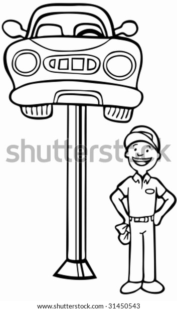 Auto Mechanic Car Lift : Repairman standing next\
to a car lifted in the air by a hydraulic lift device in a black\
and white cartoon style.