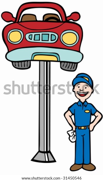 Auto\
Mechanic Car Lift : Repairman standing next to a car lifted in the\
air by a hydraulic lift device in a cartoon\
style.