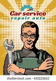 Auto mechanic car repair pop art vector illustration 