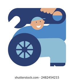 Mecánico automático. Servicio de coche y verificación, concepto de garantía de Servicio al cliente. Servicio de reparación y cambio de ruedas. Ilustración vectorial de esbozo