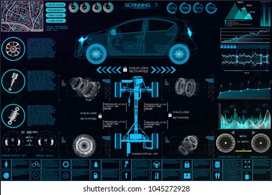 Auto mechanic car service and maintenance infographic elements with charts and graphs in the HUD style, vector illustration.Futuristic User Interface Car auto service, repair, infographics UI HUD 