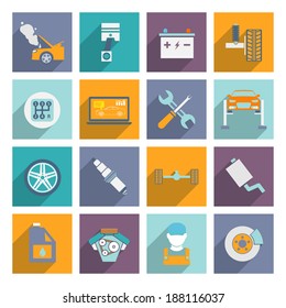 Auto mechanic car service and maintenance icons of engine transmission wheel brake isolated vector illustration.