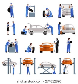 Auto Mechanic Car Service Repair And Maintenance Work Icons Set Isolated Vector Illustration