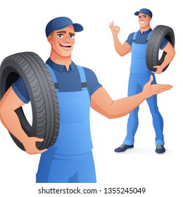 Auto mechanic car service worker in uniform overall holding tire and showing OK hand sign gesture. Full length cartoon style vector illustration isolated on white background EPS10.