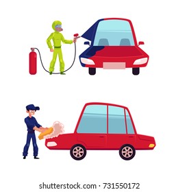 Auto mechanic, car service worker, technician painting and washing a car, cartoon vector illustration isolated on white background. Auto mechanic washing a car and painting it with airbrush