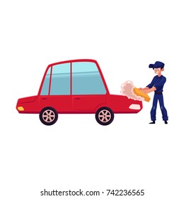 Auto mechanic, car service worker cleaning, washing a car with sponge and soap, cartoon vector illustration isolated on white background. Cartoon auto mechanic, technician washing, polishing a car