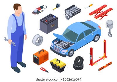 Auto Mechanic And Car Tool. Isometric Technician, Auto Industrial Equipment, Car Vector Elements