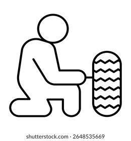 Auto mechanic with car wheel thin line icon, tires fitting concept. Vector graphics. Man changing tire, car service sign on white background, style mobile or design