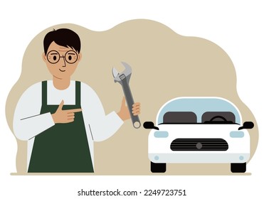 Auto mechanic in a car workshop near a white car. A man holds a wrench in his hand. Car repair concept. Poster, advertisement, banner. Vector flat illustration.
