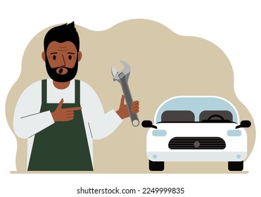 Mecánico de autos en un taller de autos cerca de un auto blanco. Un hombre tiene una llave en la mano. Concepto de reparación de coches. Afiche, anuncio, cartel. Ilustración plana vectorial.