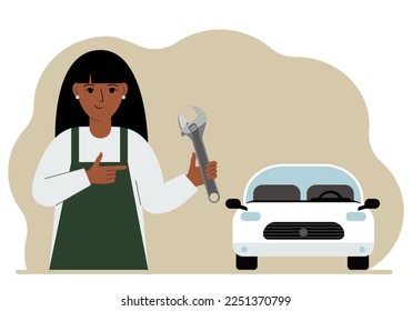 Auto mechanic in a car workshop near a white car. A woman holds a wrench in his hand. Car repair concept. Poster, advertisement, banner. Vector flat illustration.