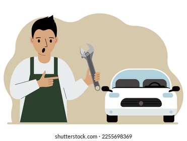 Auto mechanic in a car workshop near a white car. A man holds a wrench in his hand. Car repair concept. Poster, advertisement, banner. Vector flat illustration.