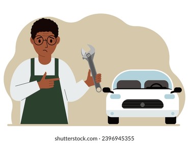 Auto mechanic in a car workshop near a white car. A man holds a wrench in his hand. Car repair concept. Poster, advertisement, banner.