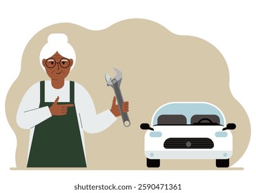 Auto mechanic in a car workshop near a white car. A woman holds a wrench in his hand. Car repair concept. Poster, advertisement, banner. Vector flat illustration.