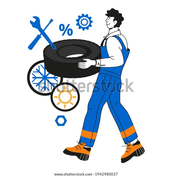 Auto mechanic cartoon\
character with car wheel, cartoon vector illustration isolated on\
white background. Car repair and tire service mechanic. or\
repairman