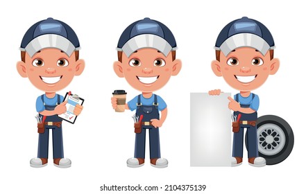 Auto mechanic cartoon character. Cheerful automechanic, set of three poses