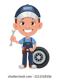 Auto mechanic cartoon character. Cheerful automechanic holding wrench and standing near wheel
