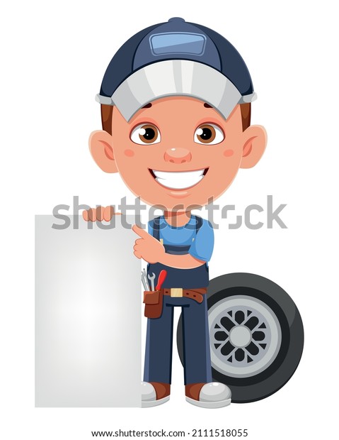 Auto mechanic cartoon character. Cheerful\
automechanic holding blank placard\
