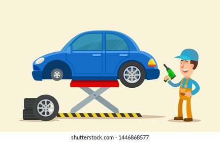 Auto mechanic changes tires on wheels. Car is located on the car lift. Auto repair shop, car service concept. Business vector illustration, flat design, cartoon style. Side view, isolated background.