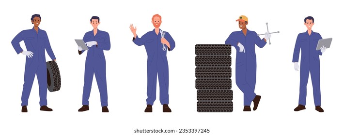 Auto mechanic character in uniform with tools, laptop, spare part and car tire isolated set