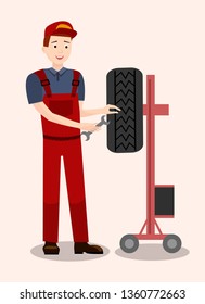 Auto Mechanic Checking Tire Flat Illustration. Cartoon Repairman with Wrench, Spanner Fixing, Adjusting Tyre on Rack. Car Service Worker Wearing Uniform. Technician, Engineer at Work