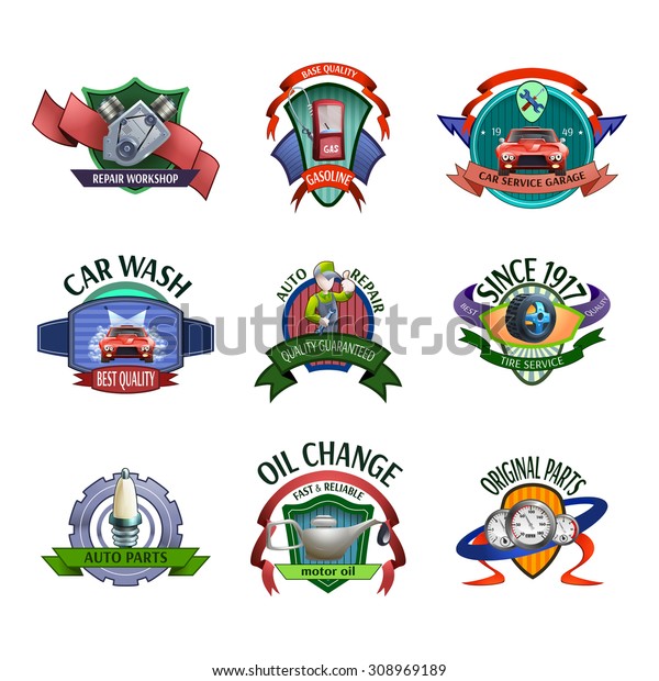 Auto mechanic diagnostics and car\
maintaining service center emblems and labels icons set abstract\
vector isolated\
illustration