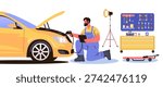 Auto mechanic diagnostics car repair workshop tools equipment garage worker kneeling using scanner tool chest flat style