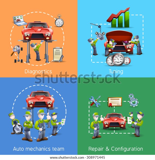  Auto mechanic diagnostics and repair\
service center 4 flat icons square composition banner abstract\
vector isolated illustration