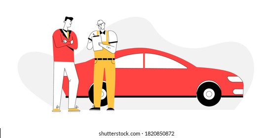 Auto mechanic draws up agreement and billing customer in car service. Technician diagnostics vehicle problems, tuning and fix machine servicing. Vector character illustration of maintenance automobile