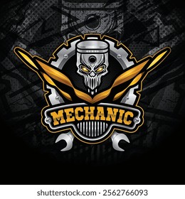 Auto mechanic emblem logo design template. Combination of automobile tools, wrenches, pistons, and gear.