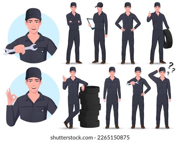 Auto Mechanic Engineer Cartoon Character Set With Different Poses and gestures Vector Illustrations