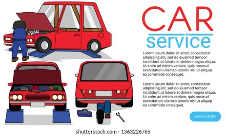 Auto mechanic fixing car in auto repair garage flat vector illustration