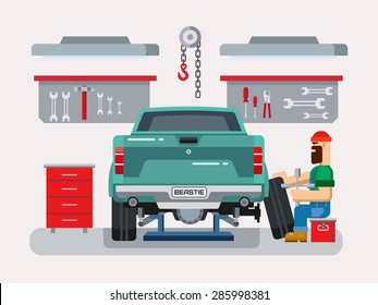 Auto mechanic fixing car in auto repair garage flat vector illustration