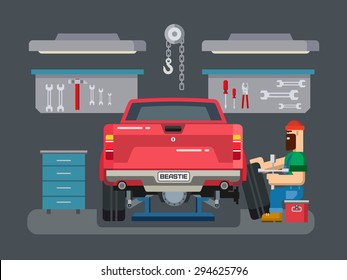 Auto mechanic fixing car in auto repair garage flat vector illustration