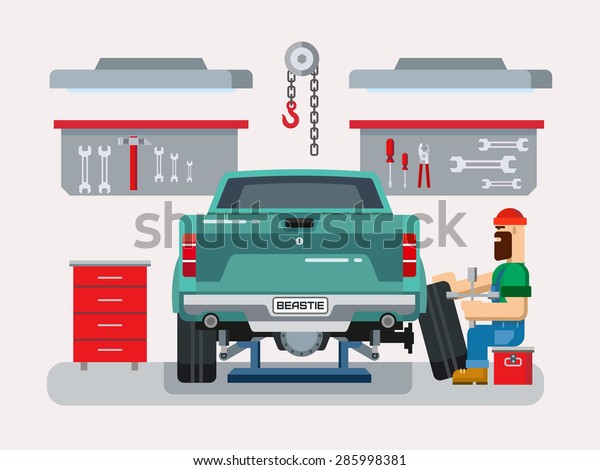 Auto mechanic fixing car in auto repair\
garage flat vector\
illustration