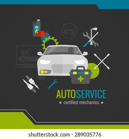 Auto mechanic flat icon with car repair tools set vector illustration