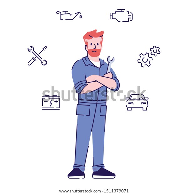 Auto mechanic flat vector character. Automobile\
repairman, technician cartoon illustration with outline. Auto\
workshop, car maintenance service worker, handyman isolated on\
white with linear icons