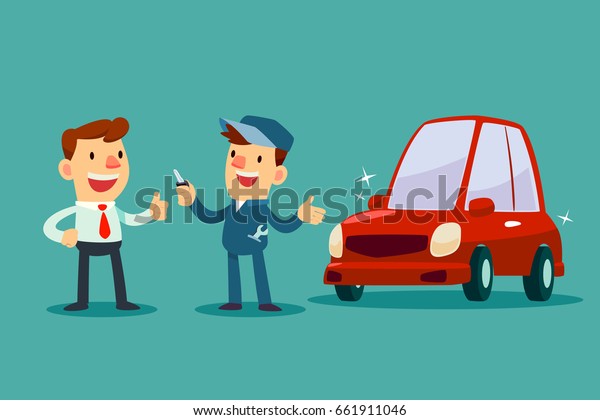 Auto mechanic give a key of repaired car\
back to his customer. Car service\
concept.