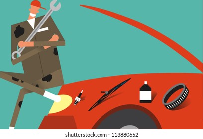 Auto mechanic holding a wrench sits on the hood of a car he's repairing with parts to be replaced lined up on the fender